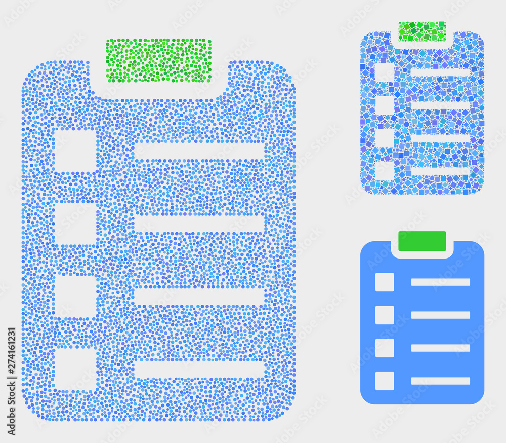 Dotted and mosaic items pad icons. Vector icon of items pad organized of scattered round elements. Other pictogram is organized from square particles.