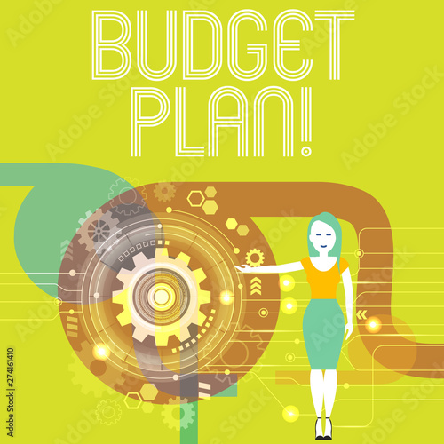 Handwriting text writing Budget Plan. Conceptual photo estimate of income and expenditure for set period of time Woman Standing and Presenting the SEO Process with Cog Wheel Gear inside
