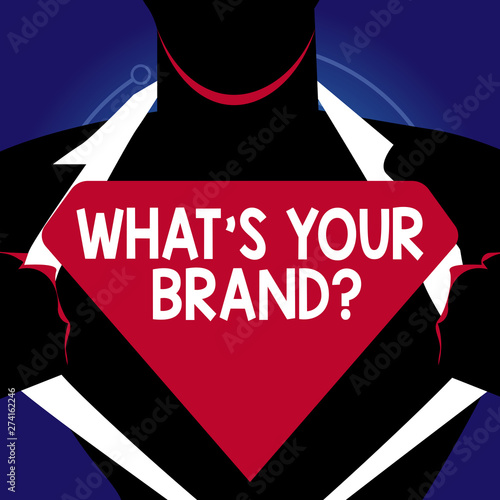 Writing note showing What S Your Brand Question. Business concept for asking about product logo does or what you communicate Man Opening his Shirt to reveal the Blank Triangular Logo