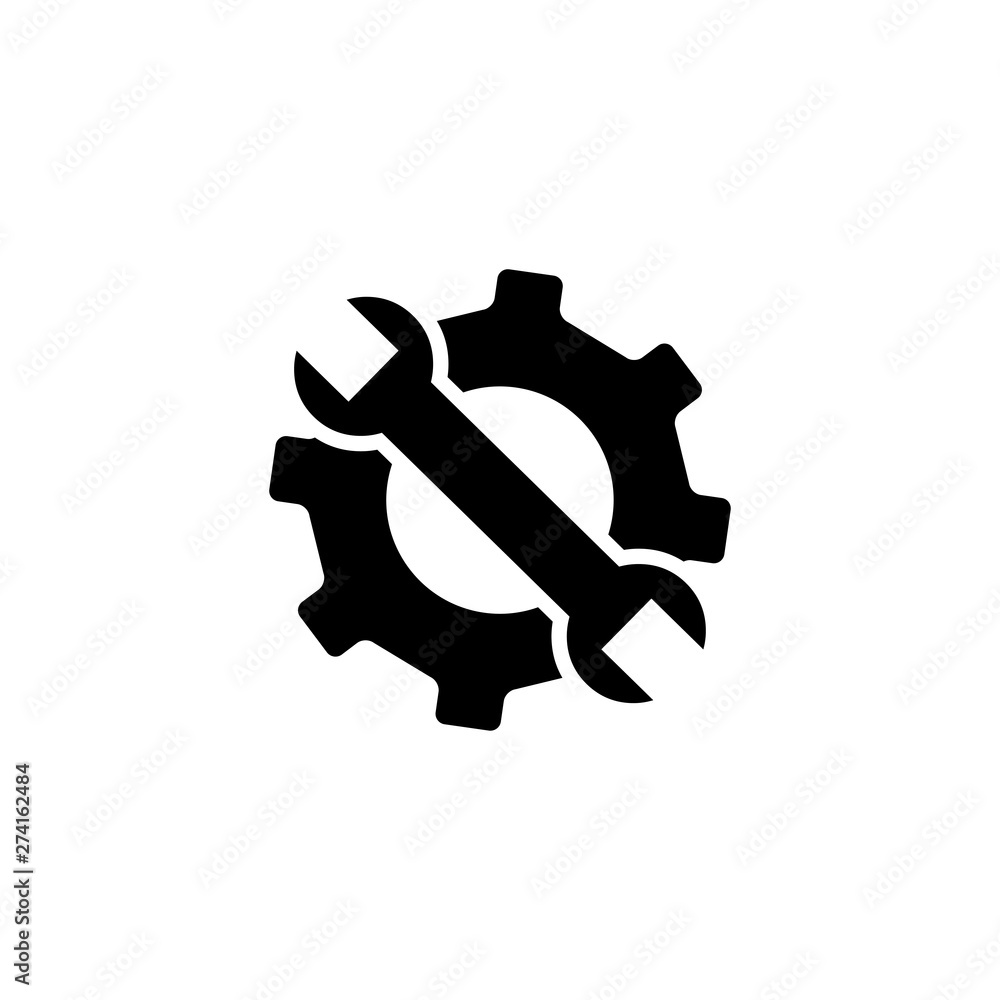 Service Tools Icon In Flat Style For App, UI, Websites. Gear Wheel & Hammer Vector Black Icon Service Tools Icon In Flat Style For App, UI, Websites. Gear Wheel & Hammer Vector Black Icon