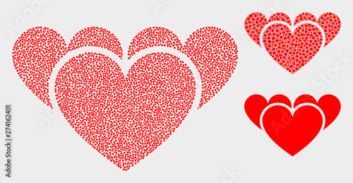 Pixel and mosaic love hearts icons. Vector icon of love hearts created of irregular circle elements. Other pictogram is created from square dots.