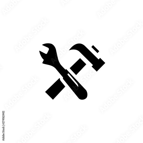 Hammer And Wrench Icon In Flat Style For App, UI, Websites. Black Icon Vector Illustration.