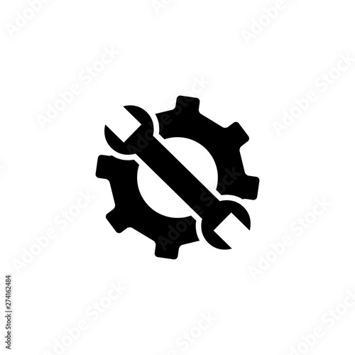 Service Tools Icon In Flat Style For App, UI, Websites. Gear Wheel & Hammer Vector Black Icon
