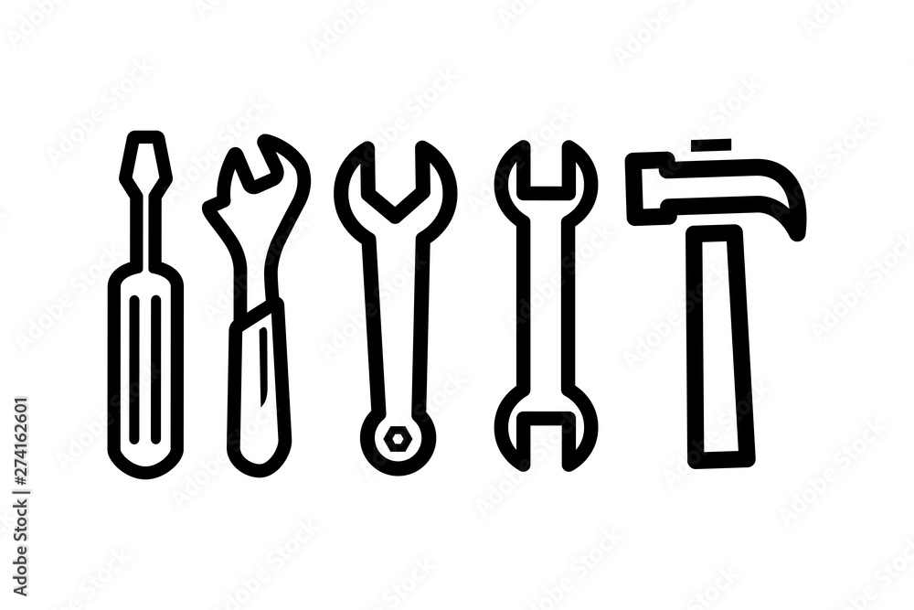 Wrench, Spanner, Screwdriver And Hammer Line Icon In Flat Style For App, UI, Websites