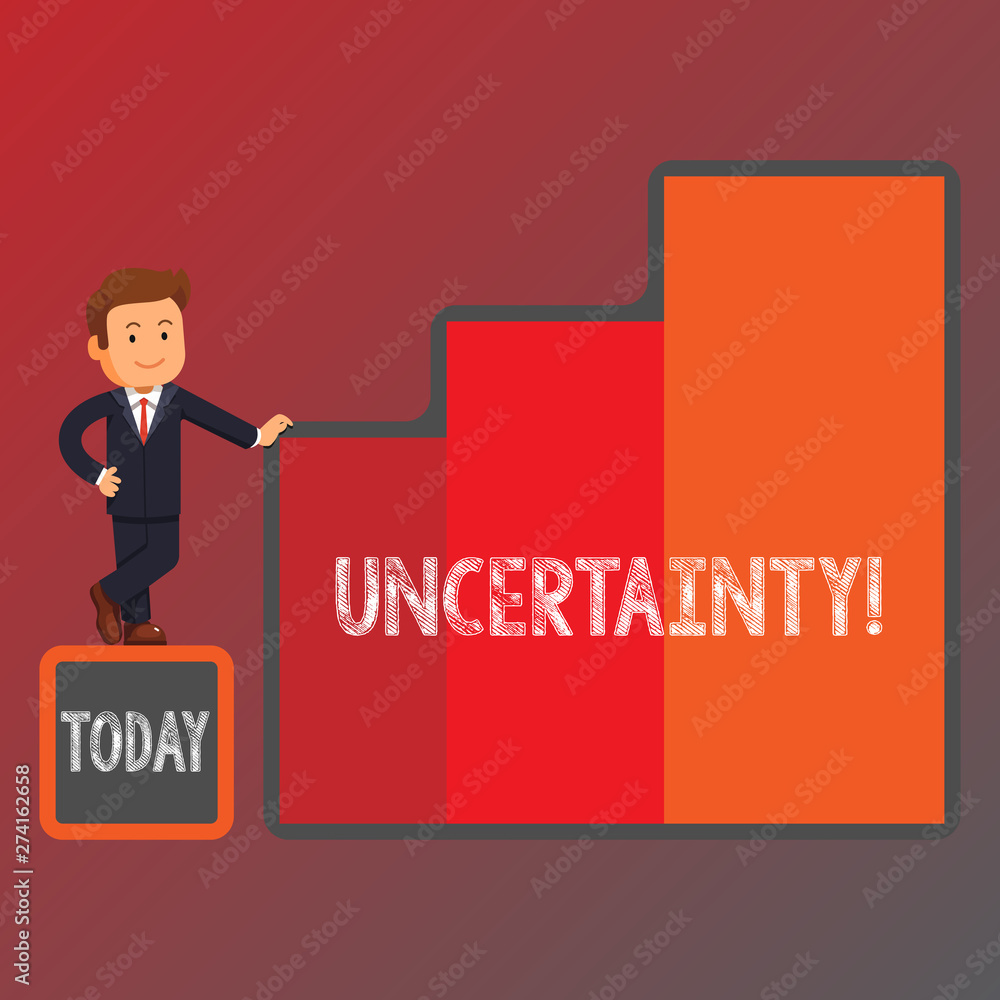 Conceptual hand writing showing Uncertainty. Concept meaning Unpredictability of certain situations events behavior Businessman Presenting Growth and Success in Graph Columns Conceptual hand writing showing Uncertainty. Concept meaning Unpredictability of certain situations events behavior Businessman Presenting Growth and Success in Graph Columns