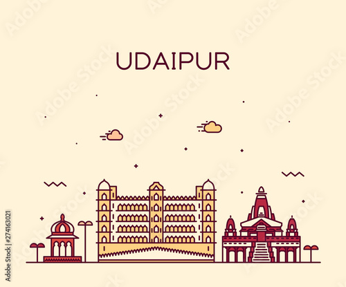 Udaipur skyline Rajasthan India vector line style