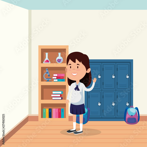 little student girl in the school scene