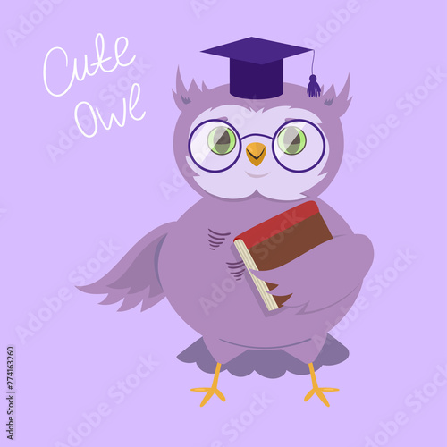 A wise owl with glasses and a university cap. Holds a book. Vector illustration.