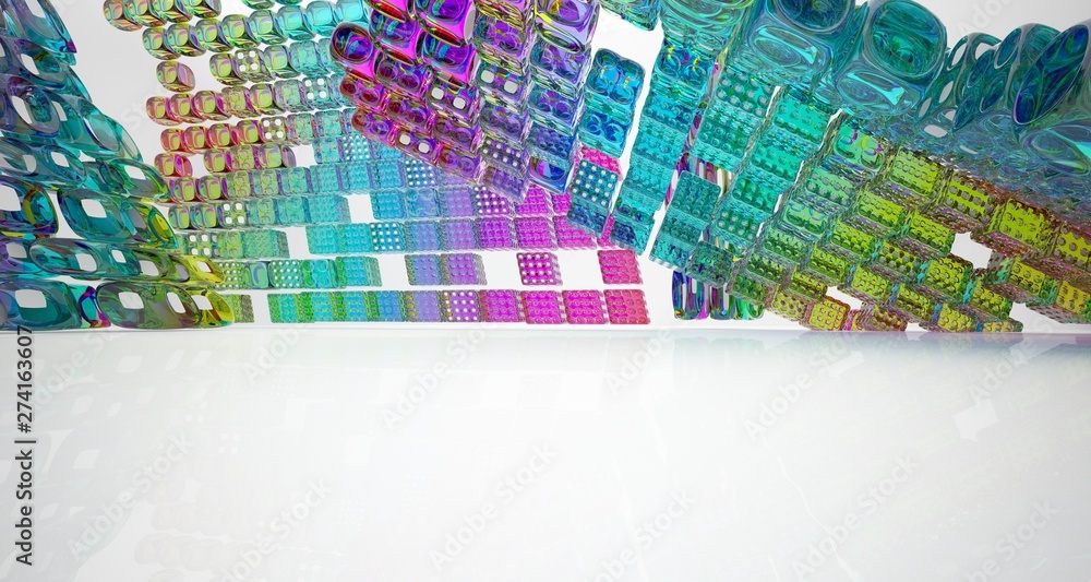 Fototapeta premium Abstract white and colored gradient glasses interior with window. 3D illustration and rendering.