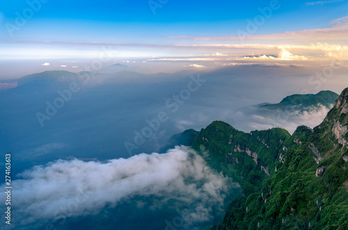 Peaks and seas of clouds under blue sky and white clouds, Emei Mountain, Sichuan Province, China