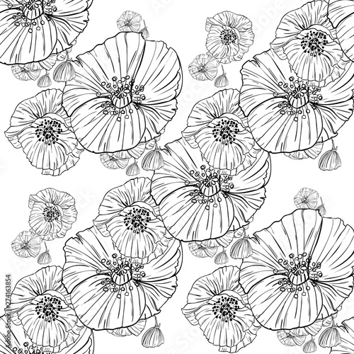 Flower popies graphic design. Cute seamless vector tile pattern. Retro vintage. line popie flower surface design.
