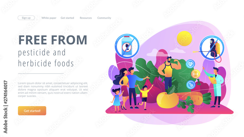 Fototapeta premium Healthy eating, vegetarian diet, eco veggies. Free from pesticide and herbicide foods, organic farming products, natural agriculture methods concept. Bright vibrant violet vector isolated illustration