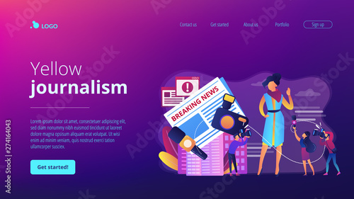 Journalists interviewing famous person. Reporters following celebrity. Yellow online press, paparazzi news feed, yellow journalism concept. Website homepage landing web page template.