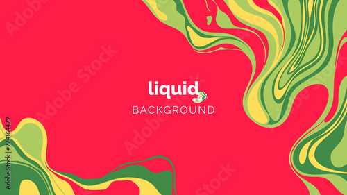 Abstract liquid background, in warm yellow and green ink on red photo