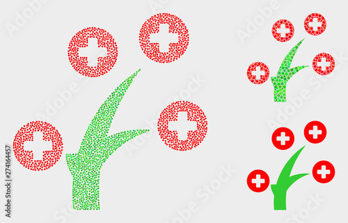 Pixelated and mosaic medical tree icons. Vector icon of medical tree composed of randomized circle elements. Other pictogram is composed from square pixels.