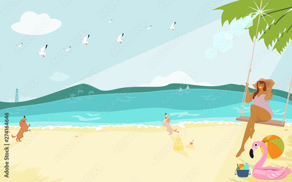 A woman relaxing on summer vacation with sunny seascape. Flat design vector illustration.