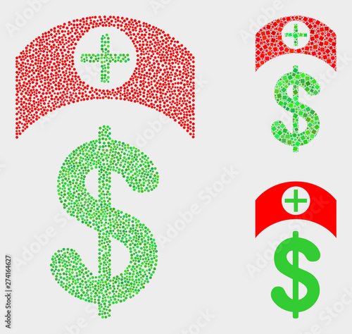 Pixelated and mosaic medicine price icons. Vector icon of medicine price designed of randomized round elements. Other pictogram is composed from rectangle elements.