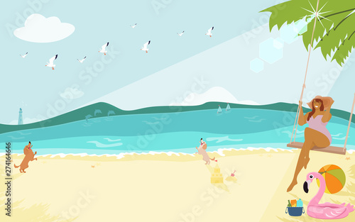 A woman relaxing on summer vacation with sunny seascape. Flat design vector illustration.