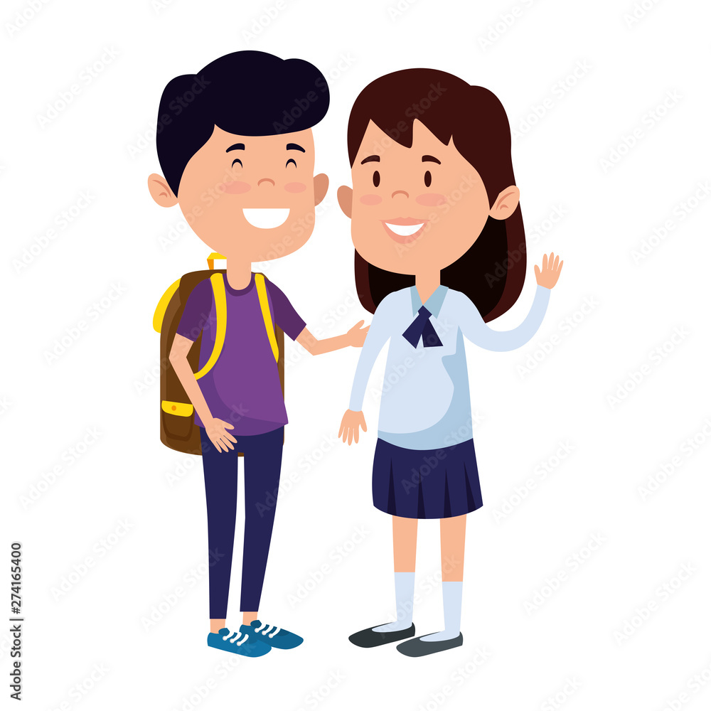 happy little students couple with schoolbag happy little students couple with schoolbag
