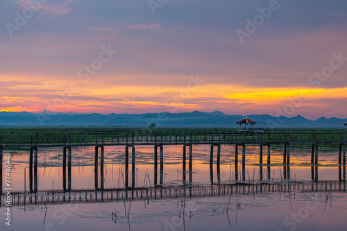 Wooden Bridge in lotus lake on sunset time at Khao Sam Roi Yot National Park, Thailand © 12November