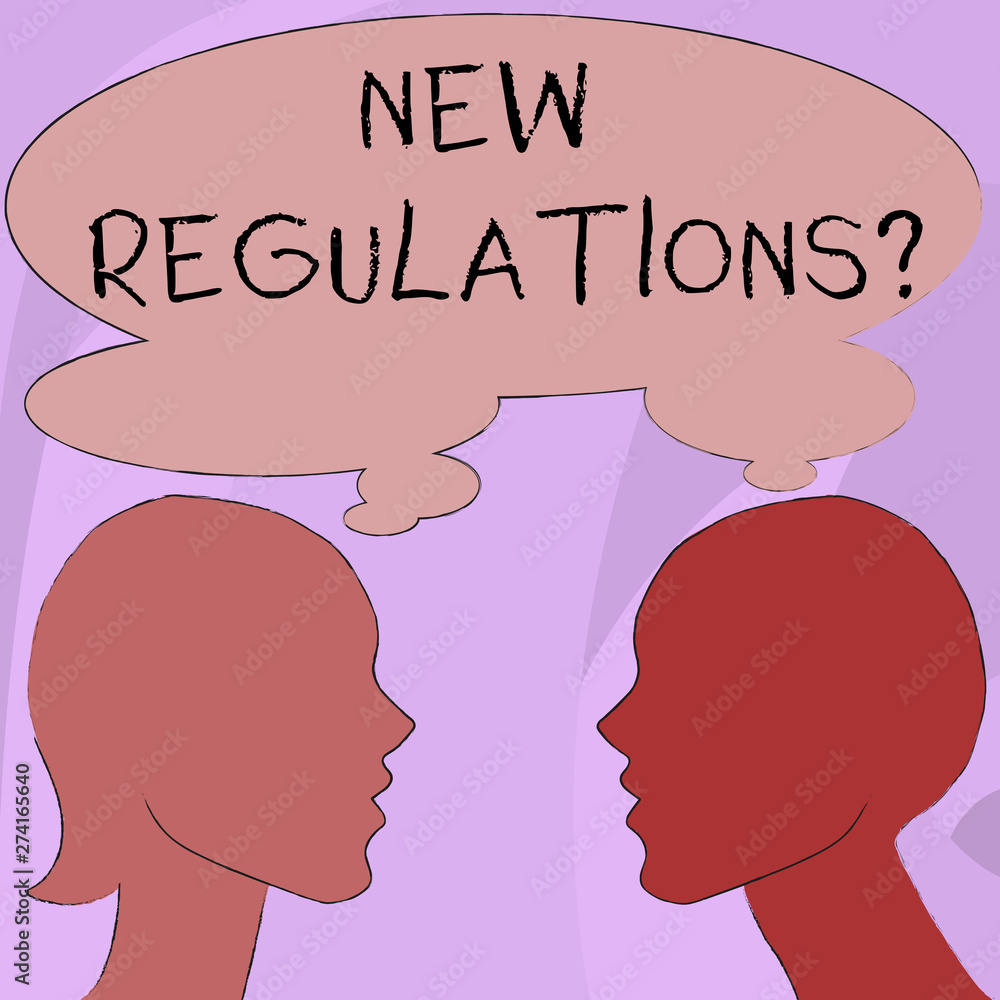 Text sign showing New Regulations Question. Business photo showcasing rules made government order control way something is done Silhouette Sideview Profile Image of Man and Woman with Shared Thought