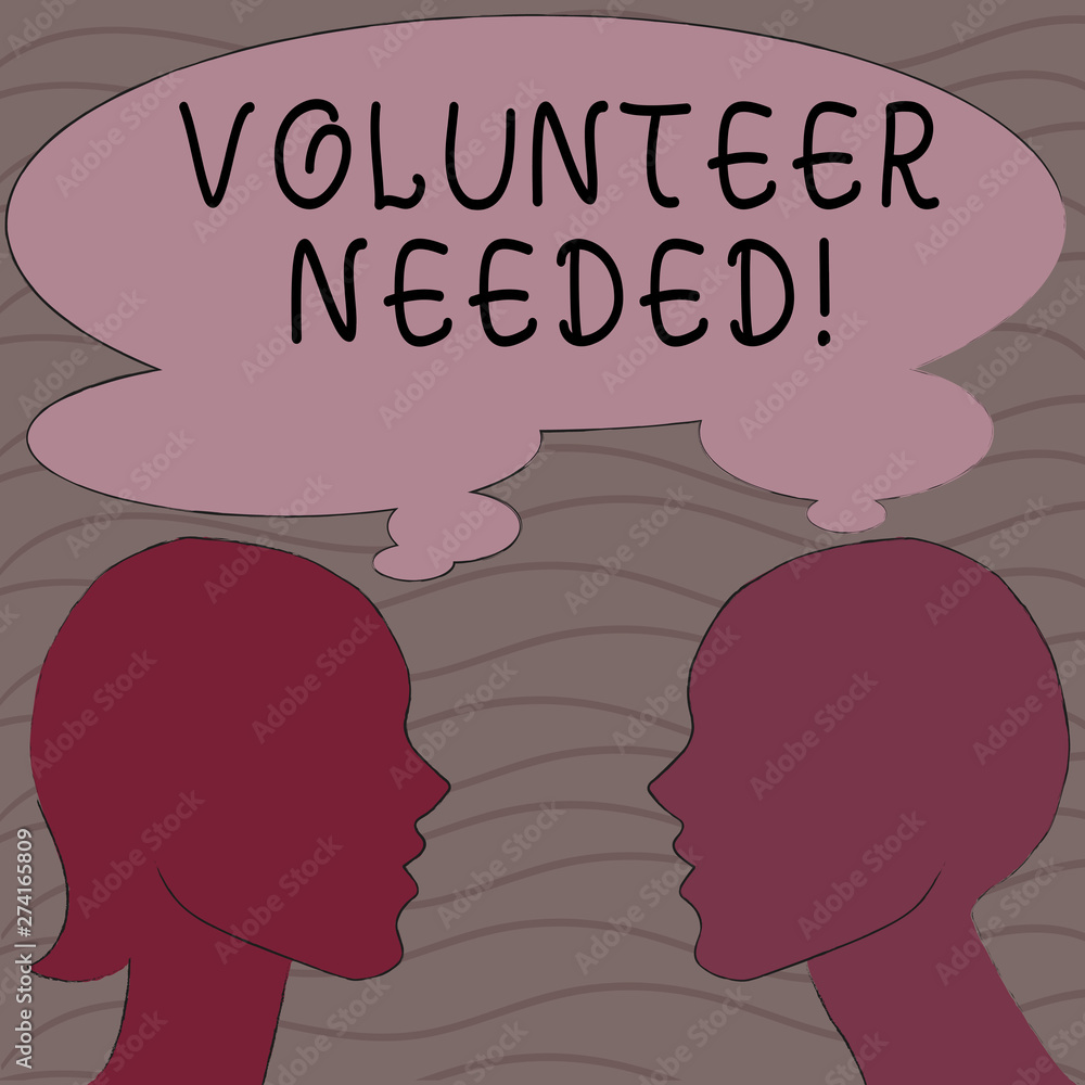 Word writing text Volunteer Needed. Business photo showcasing asking demonstrating to work for organization without being paid Silhouette Sideview Profile Image of Man and Woman with Shared Thought