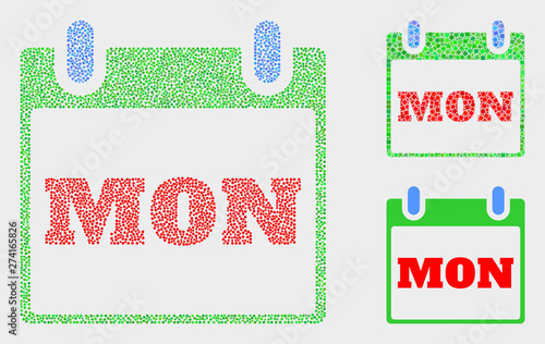 Pixel and mosaic monday calendar page icons. Vector icon of monday calendar page constructed of irregular round points. Other pictogram is constructed from square dots.
