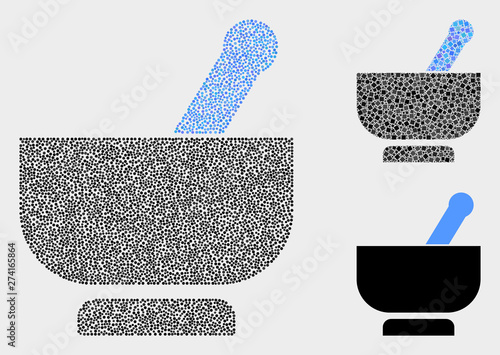 Pixel and mosaic mortar icons. Vector icon of mortar formed of scattered round dots. Other pictogram is formed from dots.