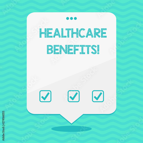 Text sign showing Healthcare Benefits. Business photo showcasing monthly fair market valueprovided to Employee dependents Blank Space White Speech Balloon Floating with Three Punched Holes on Top