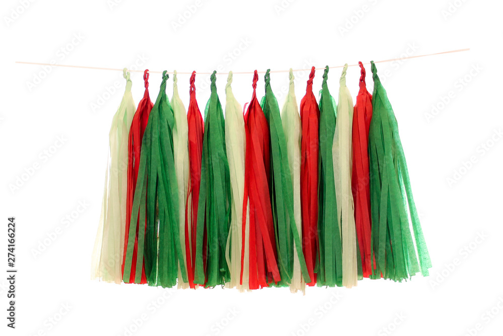 Fototapeta premium Garlands of paper tinsel red, green, mint colors
