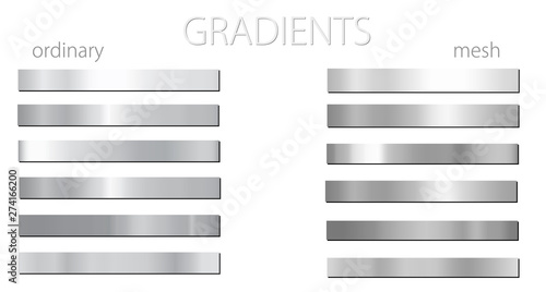 Non-colored gradients. Set or palette. Mesh and regular gradients. Grey shades. For designers. Vector illustration. Graphic resources. Black and white color.