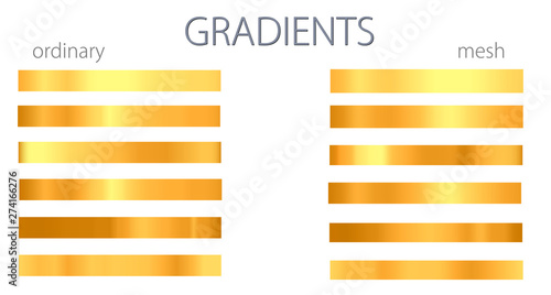 Yellow gradients. Set or palette. Mesh and regular gradients. Golden colors. For designers. Vector illustration. Holiday colors. Graphic resources. Yellow and orange color.