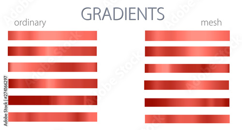 Red gradients. Set or palette. Mesh and regular gradients. Warm colors. For designers. Vector illustration. Holiday colors. Graphic resources. Pink color.