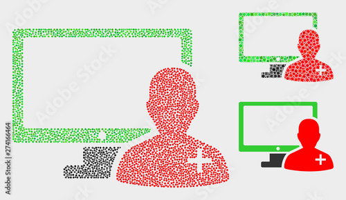 Dotted and mosaic online doctor icons. Vector icon of online doctor formed with scattered round elements. Other pictogram is formed from elements.