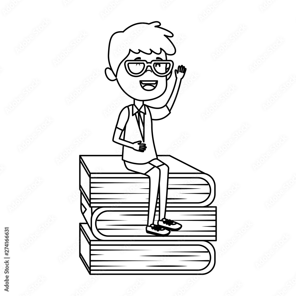 happy student boy seated in pile books