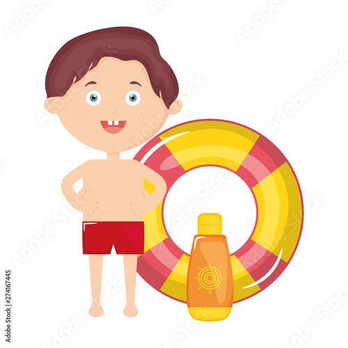 little boy with solar blocker and float