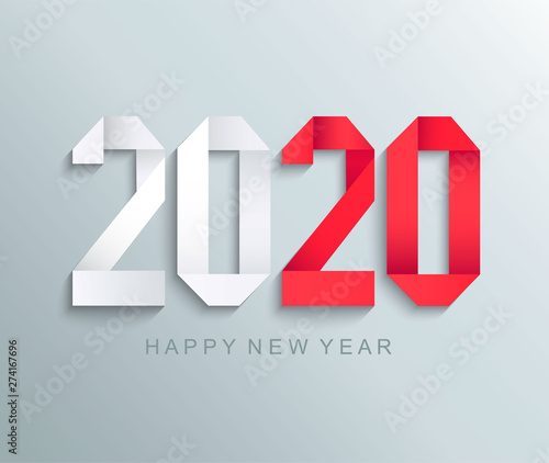 New 2020 year paper greeting card made in origami style, vector illustration. Perfect for presentations, flyers and banners, leaflets, postcards and posters. EPS10