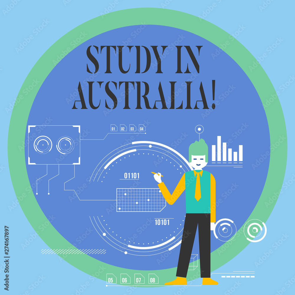 Plakat Conceptual hand writing showing Study In Australia. Concept meaning going into foreign country order complete your studies Man Holding Pen Pointing to Chart Diagram SEO Process Icons