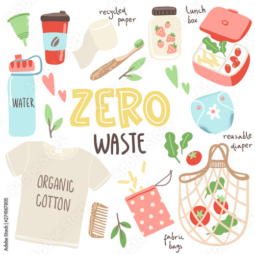 Vector set with hand drawn elements of zero waste life. No plastic. Go green