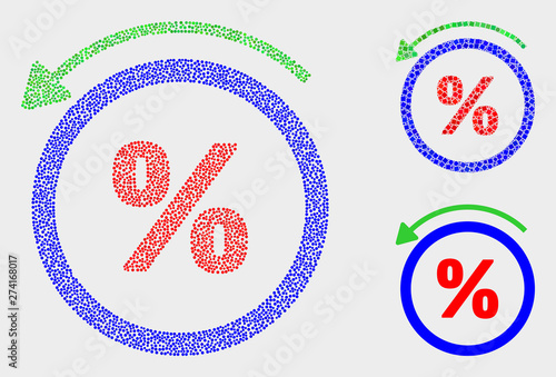 Pixelated and mosaic percent back icons. Vector icon of percent back organized of randomized spheric elements. Other pictogram is formed from rectangle elements.