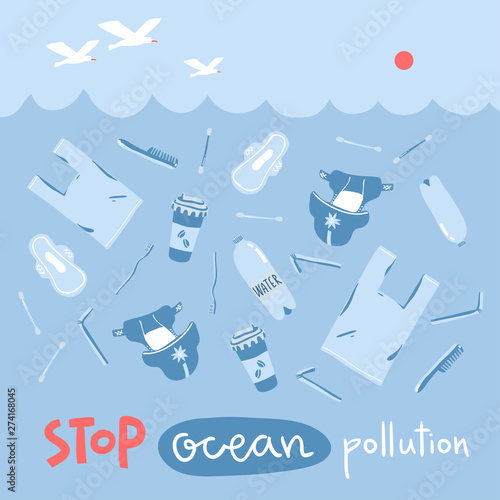 Vector concept illustration with hand drawn pollution elements in the sea. Go green, stop ocean pollution
