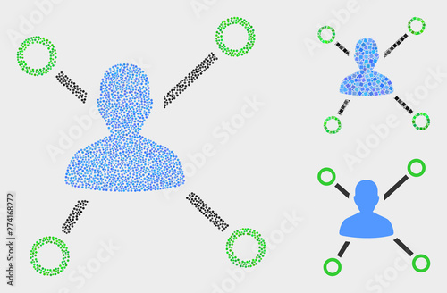 Pixelated and mosaic person links icons. Vector icon of person links organized of random spheric elements. Other pictogram is organized from square dots.