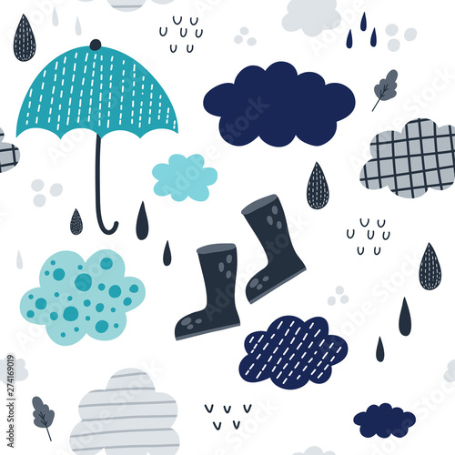 Seamless pattern with clouds, rain and umbrella.Vector design for wrapping paper, textile.