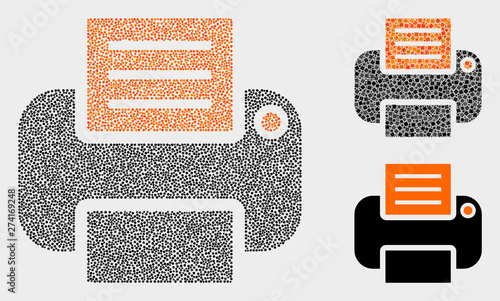 Pixelated and mosaic printer icons. Vector icon of printer designed of irregular circle points. Other pictogram is created from square dots.