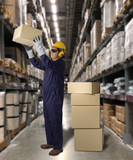 Worker in Mechanic Jumpsuit with holding parcel boxes