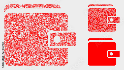 Pixelated and mosaic purse icons. Vector icon of purse composed of random round pixels. Other pictogram is formed from elements.
