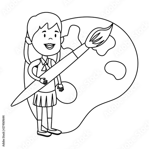 happy student girl painting with paintbrush and pallette