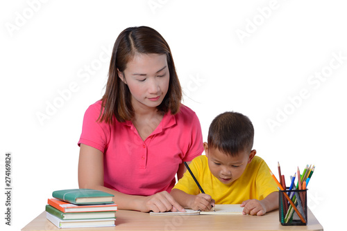 young Teacher helping child with writing lesson isolated on white background