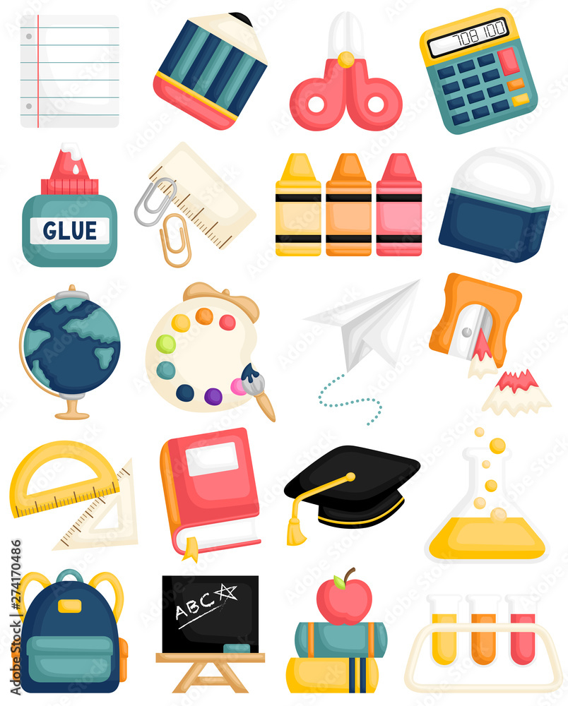 A Cartoon Vector Set of Cute Back to School Supplies for Kids Learning  Stock Vector