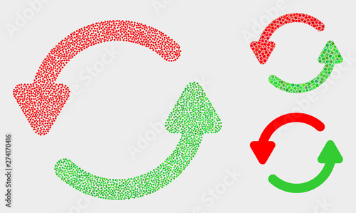 Dotted and mosaic refresh arrows icons. Vector icon of refresh arrows constructed with scattered circle elements. Other pictogram is formed from rectangle elements.